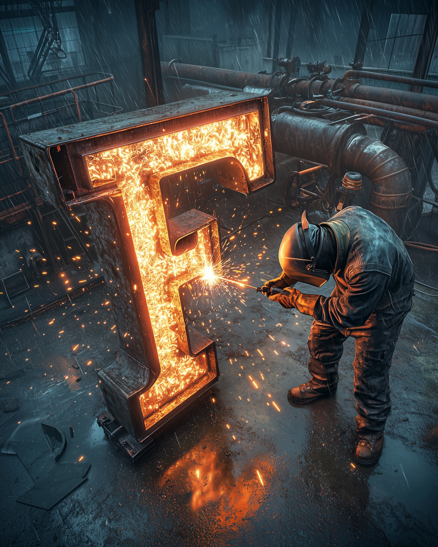 A dystopian industrial scene featuring a welder crafting a glowing molten letter F, symbolizing resilience and ingenuity in a gritty, futuristic world.