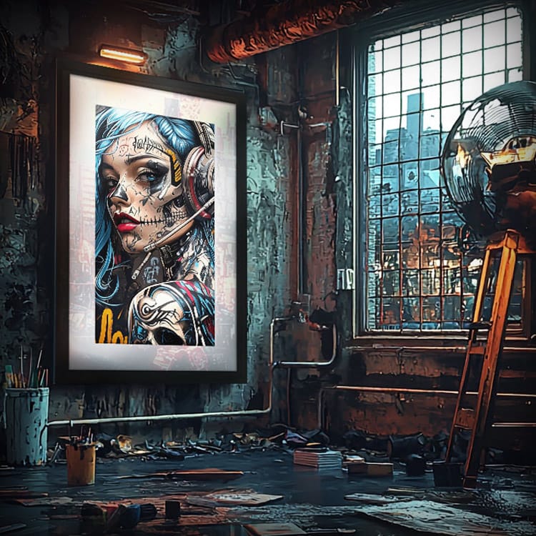 A striking BlueCipher cyberpunk artwork displayed in a gritty, industrial loft with exposed pipes, weathered walls, and neon reflections. A fusion of futuristic and dystopian aesthetics.