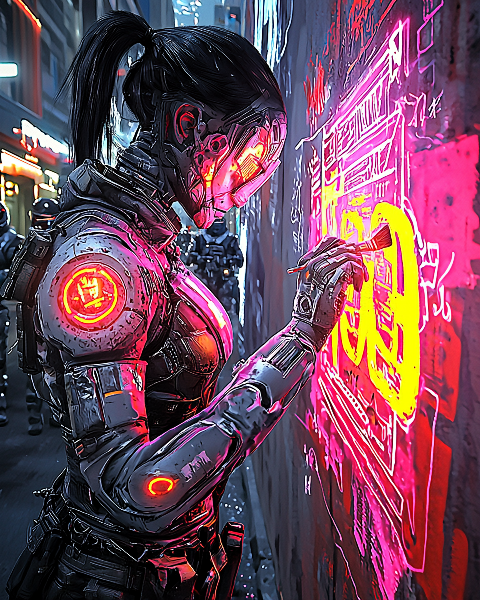 Cybernetic street artist painting neon graffiti on a dystopian city wall, symbolizing rebellion and digital artistry.