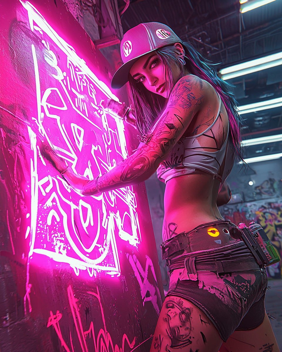 Cyberpunk street artist painting neon graffiti under glowing city lights, embodying rebellion and futuristic expression.