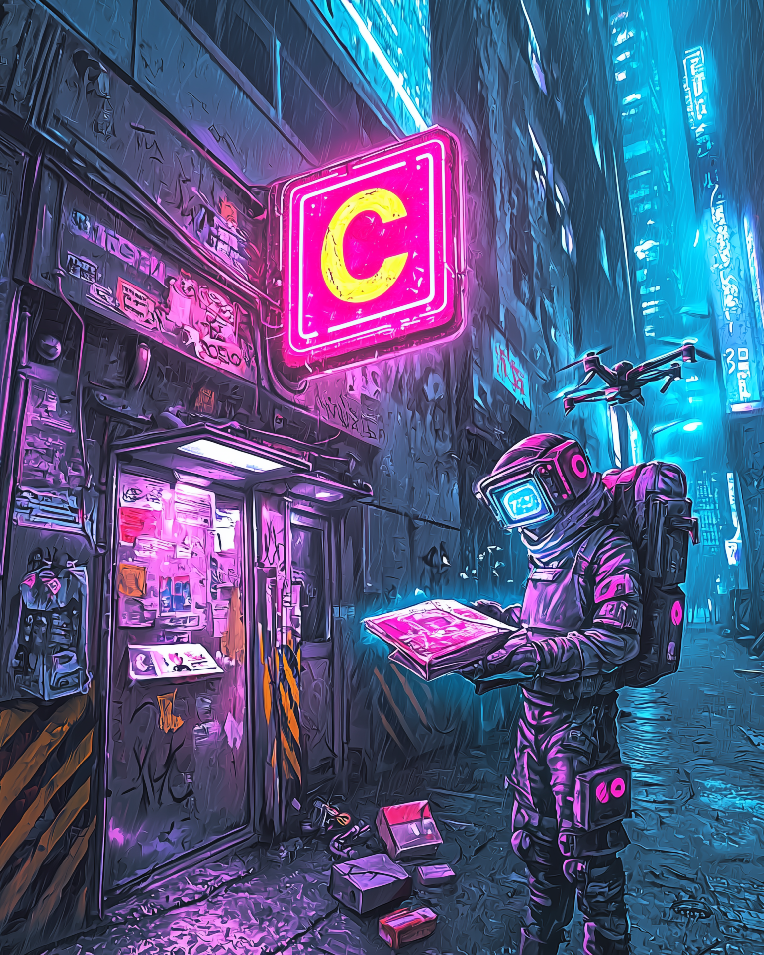 A futuristic courier in a neon-lit alley holding a glowing tablet, symbolizing innovative and high-tech ways to stay connected in a cyberpunk world.