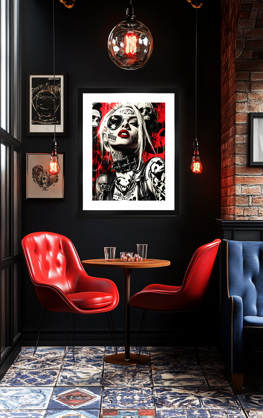 A bold CrimsonChaos RebelVibe portrait displayed in a moody, industrial-style café. The dark walls, exposed brick, and red leather seating create a rebellious yet intimate atmosphere.