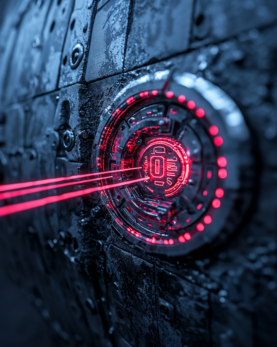 A futuristic wall featuring glowing red neon circuits and a central fingerprint symbol, symbolizing advanced security and protection in a high-tech cyberpunk world.