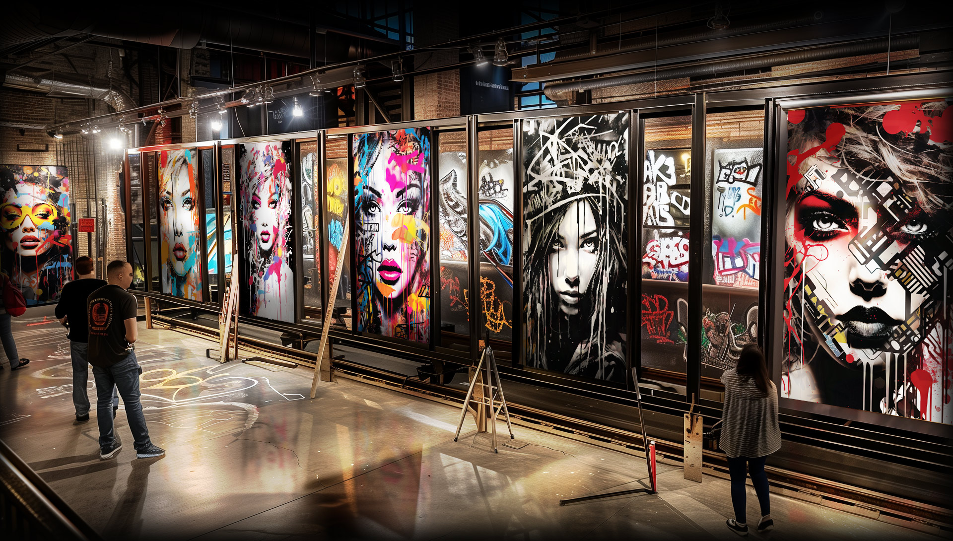 Bold and rebellious digital artwork displayed in an industrial-style exhibition, showcasing vibrant street art portraits with graffiti elements.