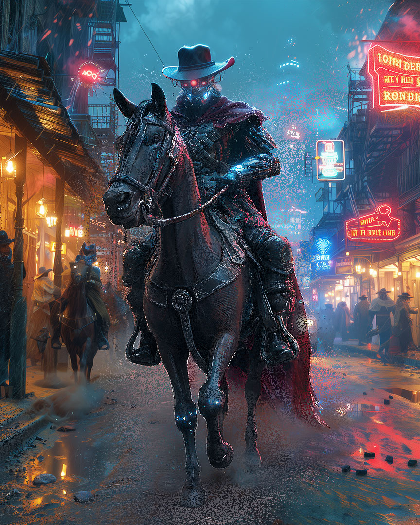 A futuristic cowboy rides through a neon-lit cyberpunk city, blending Wild West aesthetics with dystopian sci-fi elements.