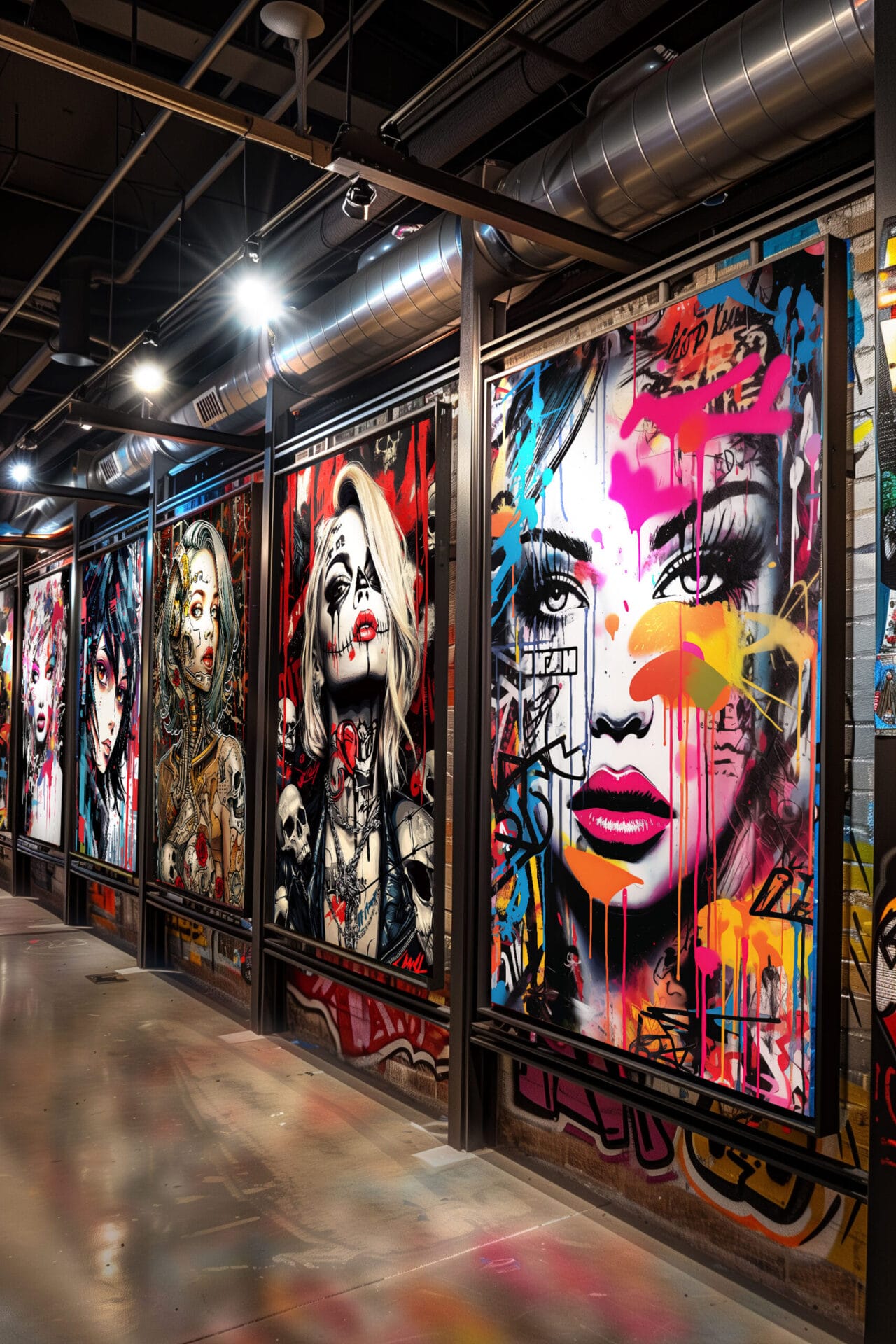 A vibrant street art collection displayed in an industrial-style gallery, featuring bold, colorful urban artwork