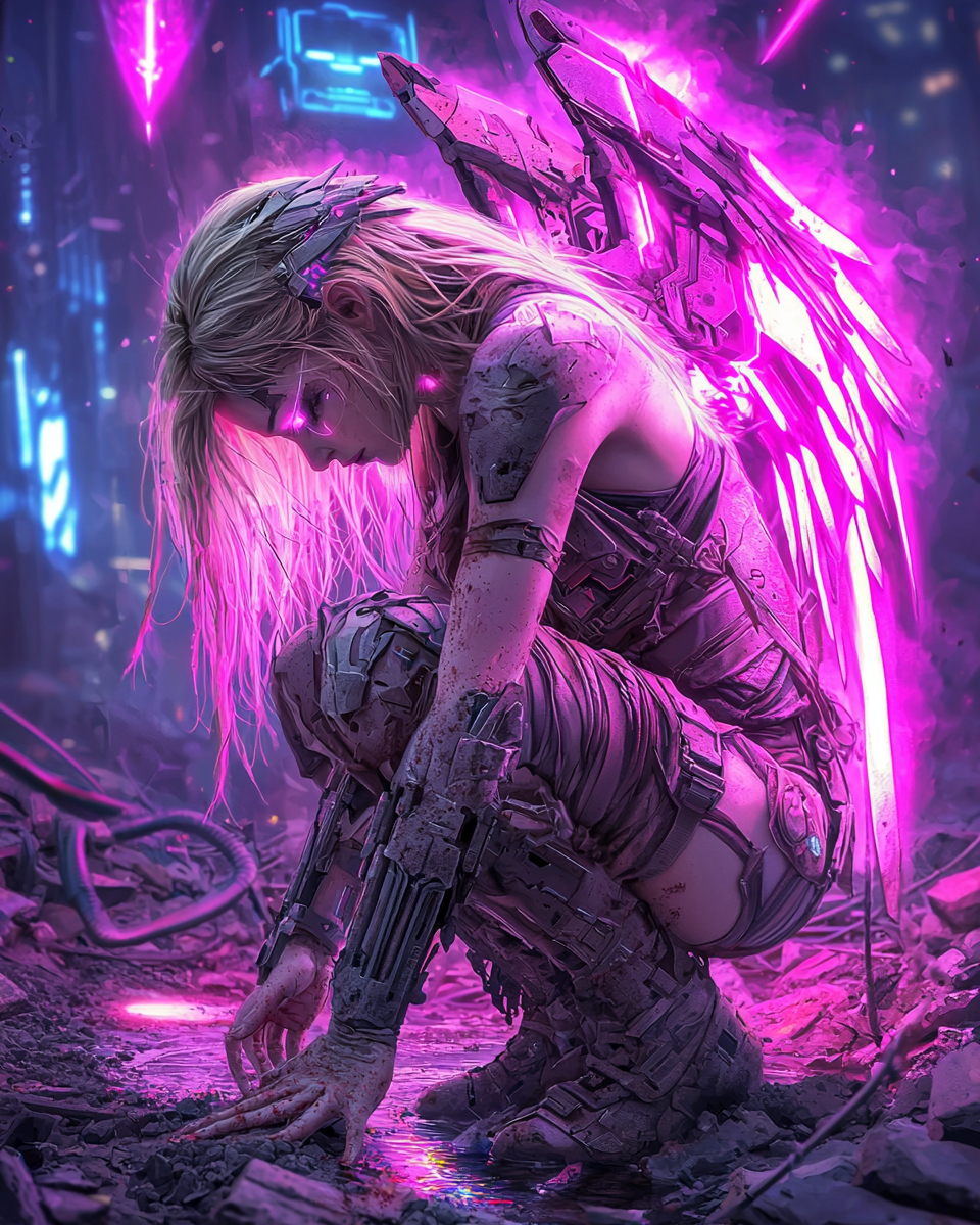 "A battle-worn cyberpunk angel kneeling in a neon-lit dystopian world, glowing with fierce energy and resilience.