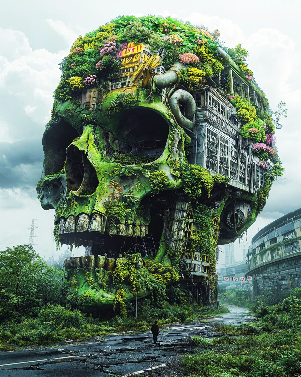 A massive skull-shaped structure overtaken by greenery and urban decay, with a lone figure walking down a cracked road toward it, symbolizing the fusion of nature and abandoned architecture.