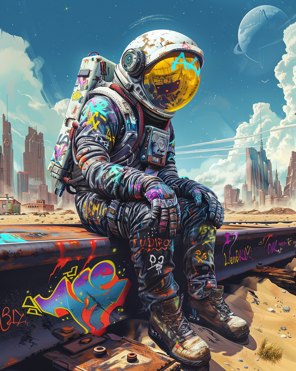 A cyberpunk astronaut covered in graffiti sits on a rusted railway track in a futuristic desert cityscape, reflecting on the journey ahead.