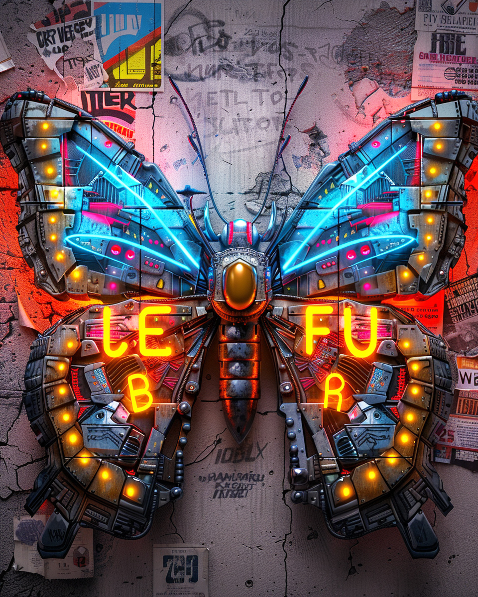 A cyberpunk-inspired butterfly sculpture with glowing neon lights mounted on a textured urban wall covered in graffiti and posters.