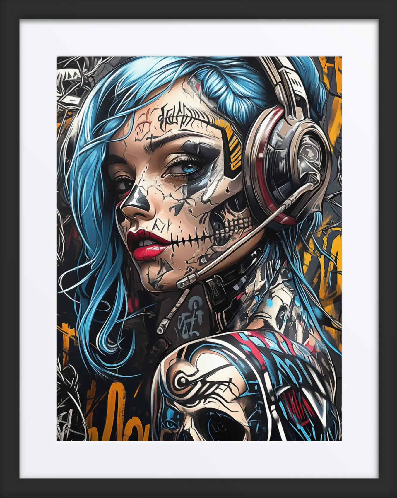 Framed BlueCipher artwork from the Cyberpunk Collection displayed in an industrial loft with raw urban textures, vintage lighting, and a cityscape backdrop.