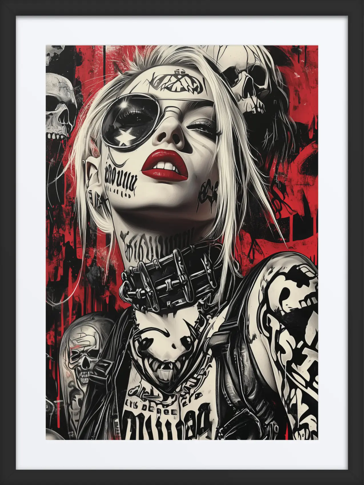 Framed CrimsonChaos artwork from the RebelVibe Collection, featuring a fierce, tattooed woman with punk-inspired aesthetics against a bold red graffiti background.