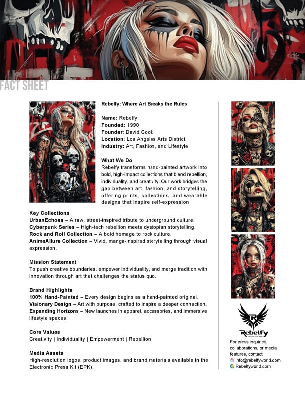 Rebelfy Downtown LA launch event fact sheet detailing the brand's mission, key collections, and immersive art experience blending cyberpunk, street art, and fashion.