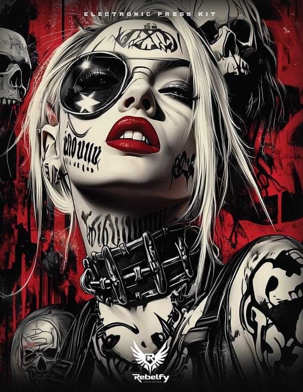 Cyberpunk-inspired figure with bold tattoos, an eyepatch, and industrial accessories, embodying the rebellious essence of Rebelfy’s artistic identity.