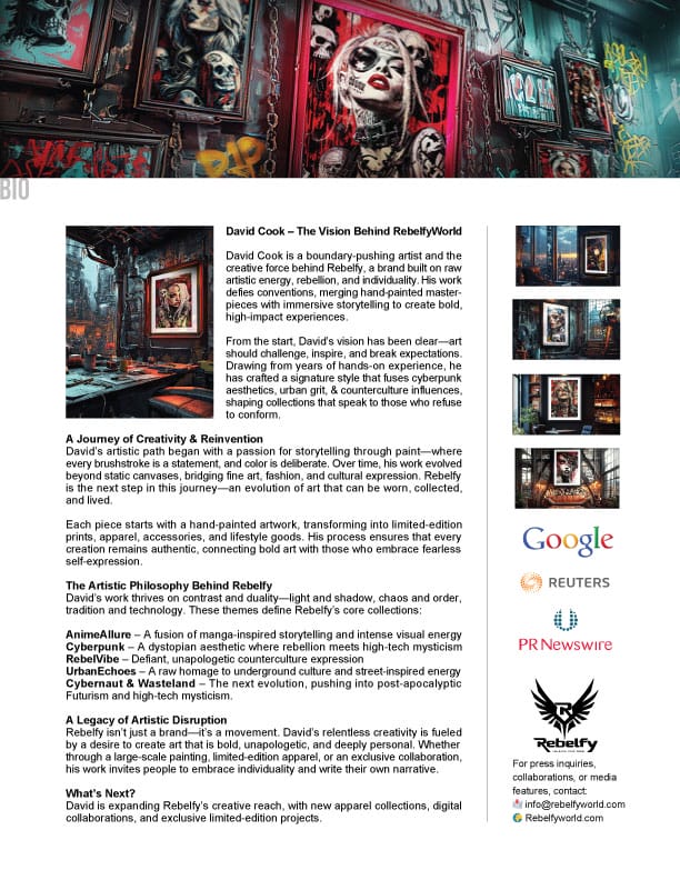 A one-page biography detailing the vision behind RebelfyWorld, including its artistic philosophy, creative journey, and media recognition.