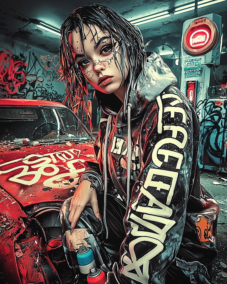 Women in Graffiti-Inspired Streetwear Hoodies Featuring Urban Grit, Red Spray-Painted Backdrops, and Cyberpunk Aesthetic.