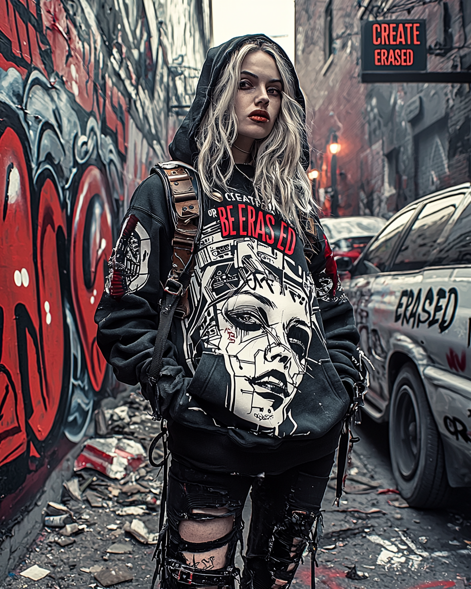 A rebellious woman wearing a graphic hoodie with cyberpunk artwork, standing in a graffiti-covered urban alley.