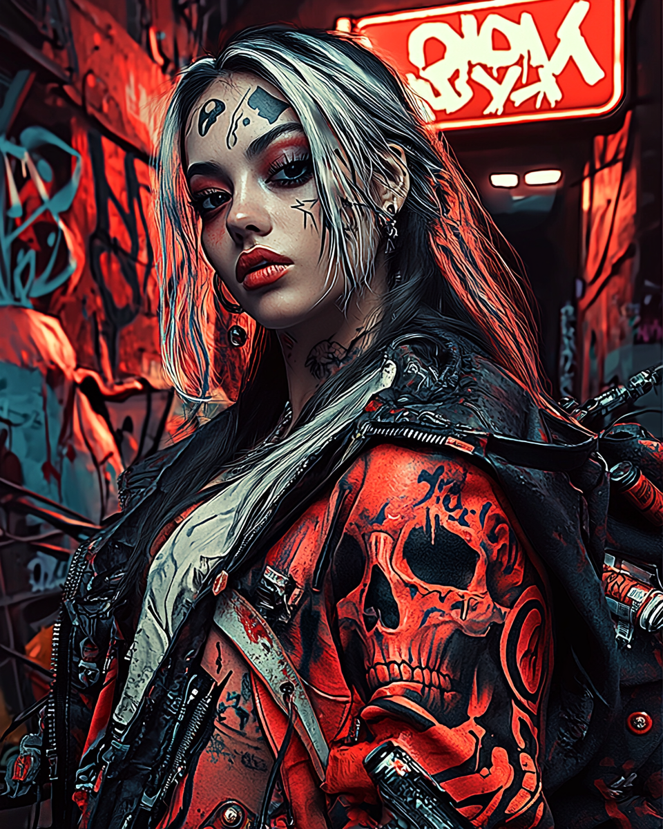 A fierce cyberpunk rebel with platinum hair and face tattoos, standing in a neon-lit alley, wearing a red skull-printed leather jacket.