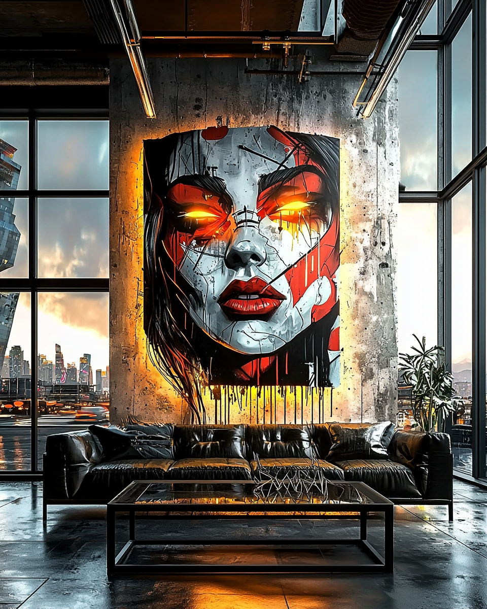 A cyberpunk-inspired portrait with glowing neon eyes hangs on a raw concrete wall in a high-rise loft, transforming the space with rebellious energy.