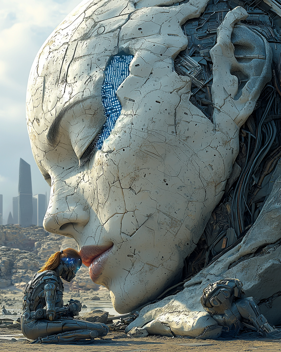 A colossal, cracked robotic face lies in a desolate landscape as a cybernetic figure kneels in contemplation, symbolizing the tension between humanity and artificial intelligence.