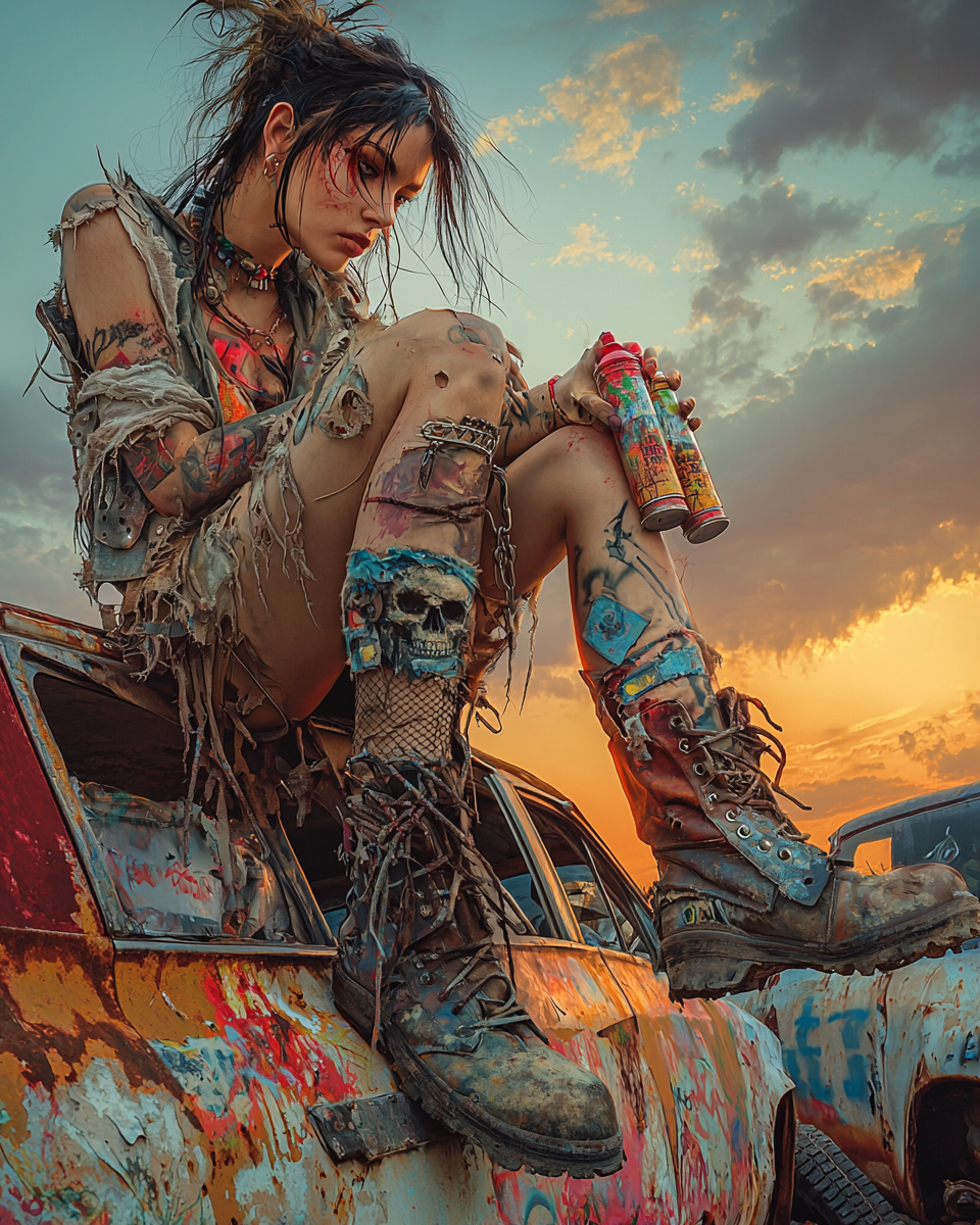 A rebellious artist with torn clothing and tattooed skin, sitting atop a graffiti-covered car at sunset, holding spray paint cans, embodying raw creative defiance.