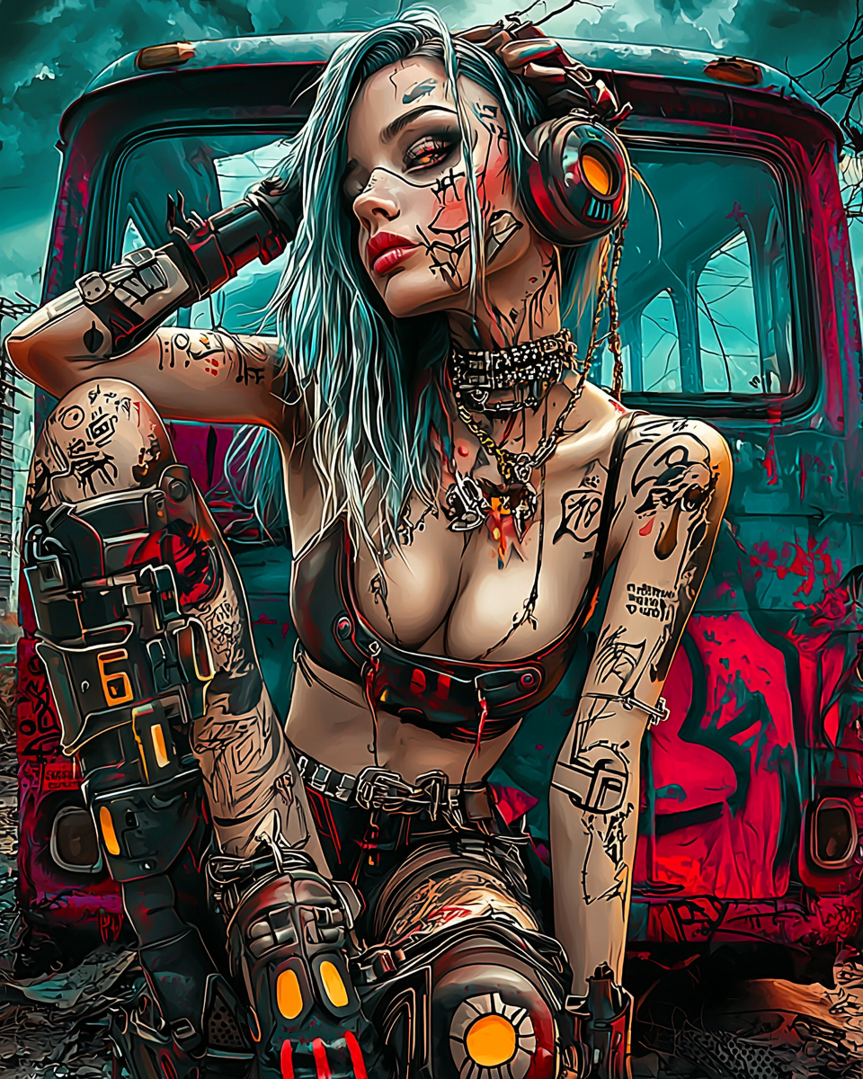 A cyberpunk warrior with glowing tech-infused armor, vibrant tattoos, and neon headphones, resting against a graffiti-covered truck in a dystopian wasteland.