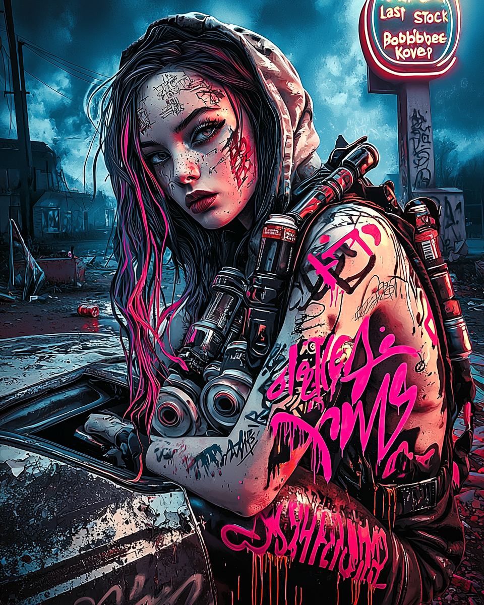 A fierce rebel with pink-streaked hair, covered in graffiti and cyberpunk armor, standing against a neon-lit dystopian backdrop.