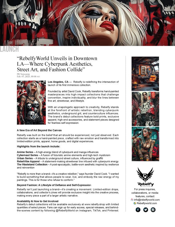 Rebelfy launch release highlighting the fusion of cyberpunk aesthetics, street art, and fashion in an immersive artistic experience.
