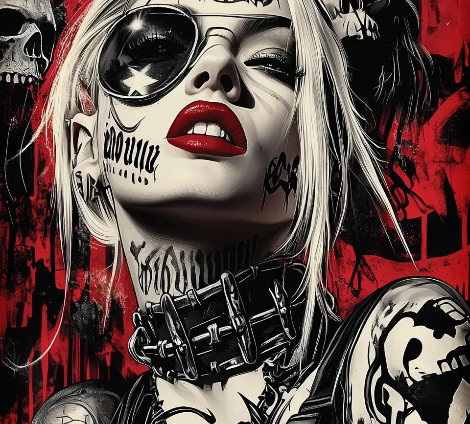 Fierce rebellious woman with platinum blonde hair, bold tattoos, skulls, and chains against a red and black graffiti-inspired background.