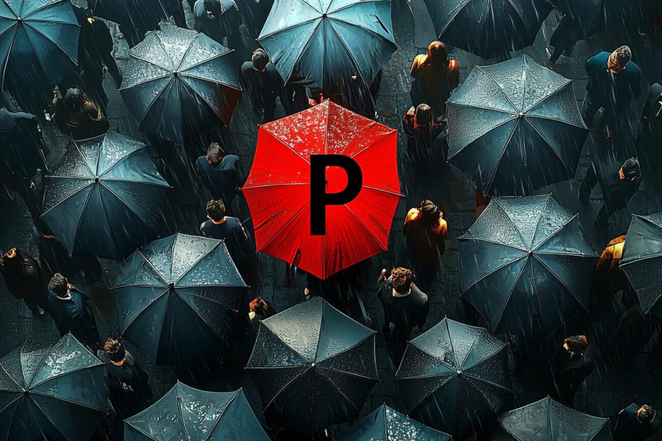 Red umbrella standing out among dark blue umbrellas in the rain, symbolizing Rebelfy's clear and unique approach to policies, shipping, and returns.