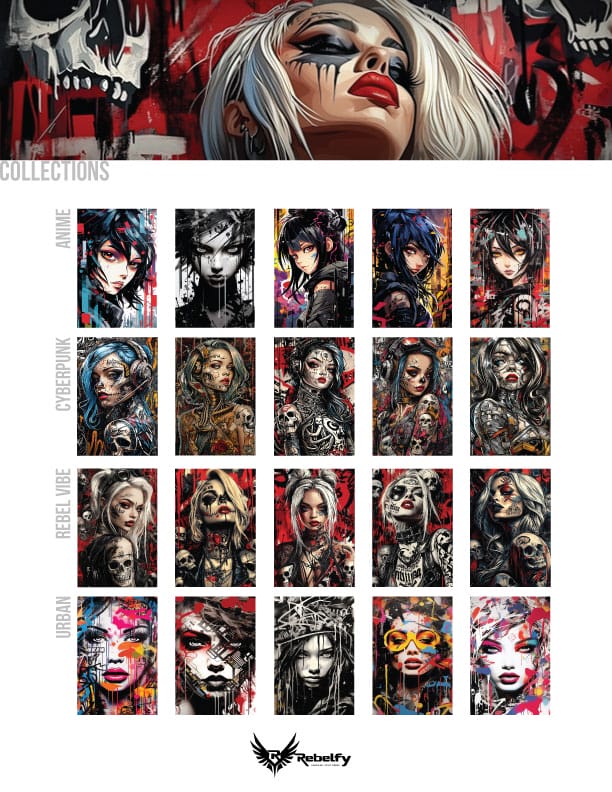 A collection sheet showcasing Rebelfy’s diverse art prints, featuring cyberpunk, anime, rebel vibe, and urban aesthetics.