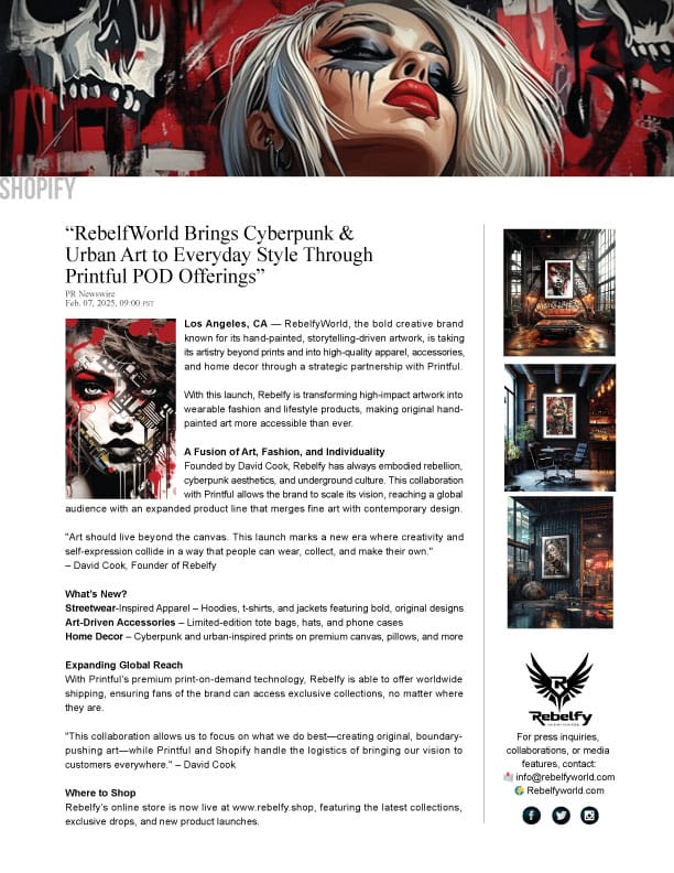 RebelfyWorld Printful product release announcement showcasing cyberpunk and urban art apparel and decor expansion.