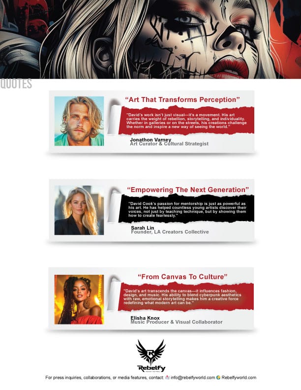 Rebelfy quote sheet featuring insights from industry leaders on the impact of art, creativity, and cultural transformation.