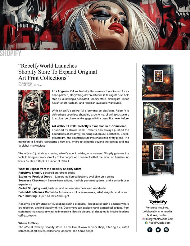 RebelfyWorld Shopify product release announcement showcasing cyberpunk and urban art apparel and decor expansion.