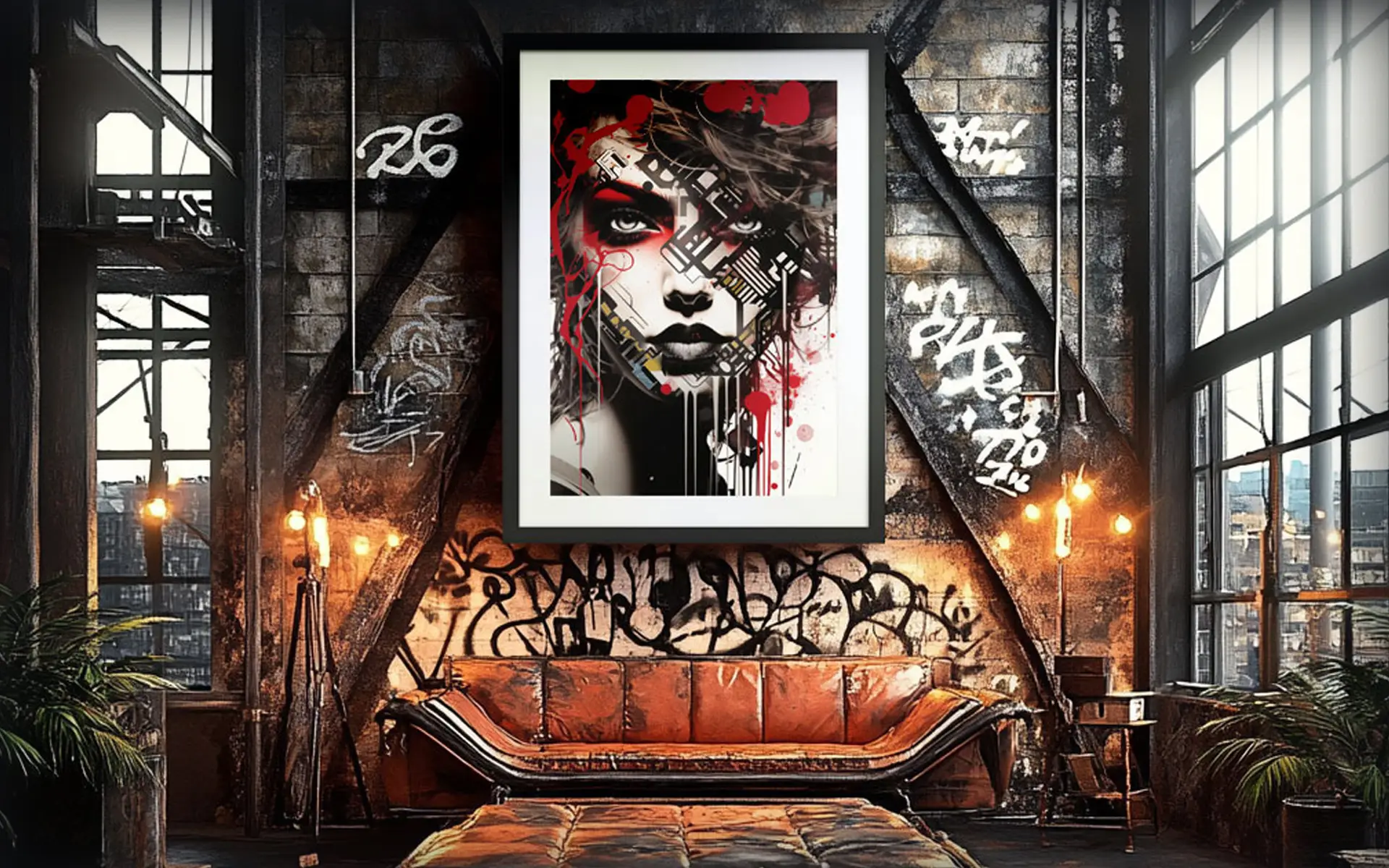 CircuitBreaker framed artwork displayed in an industrial loft with exposed brick walls, graffiti textures, and warm lighting.