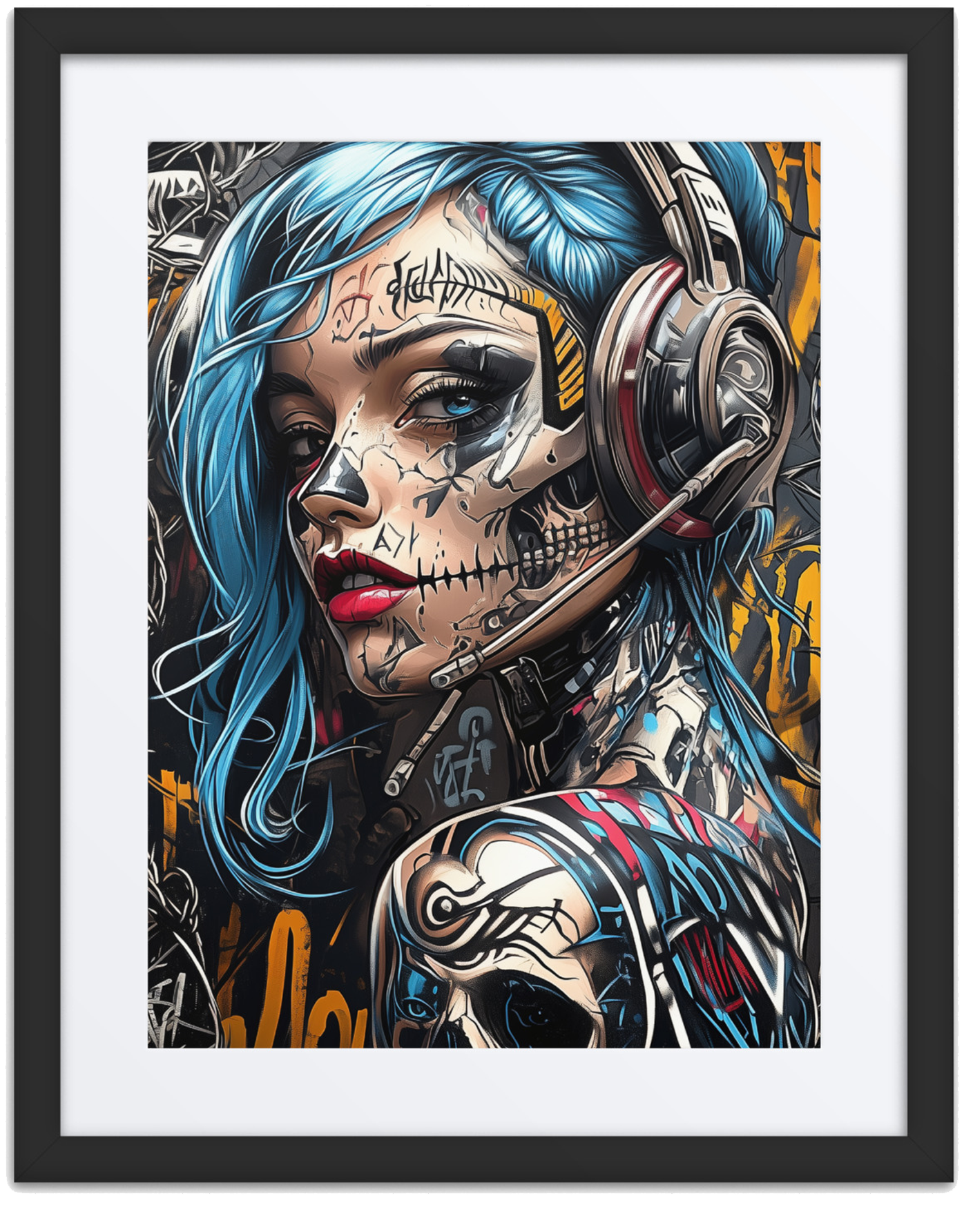 Female figure with vibrant blue hair, cybernetic tattoos, and futuristic headgear, posed against a graffiti-inspired backdrop