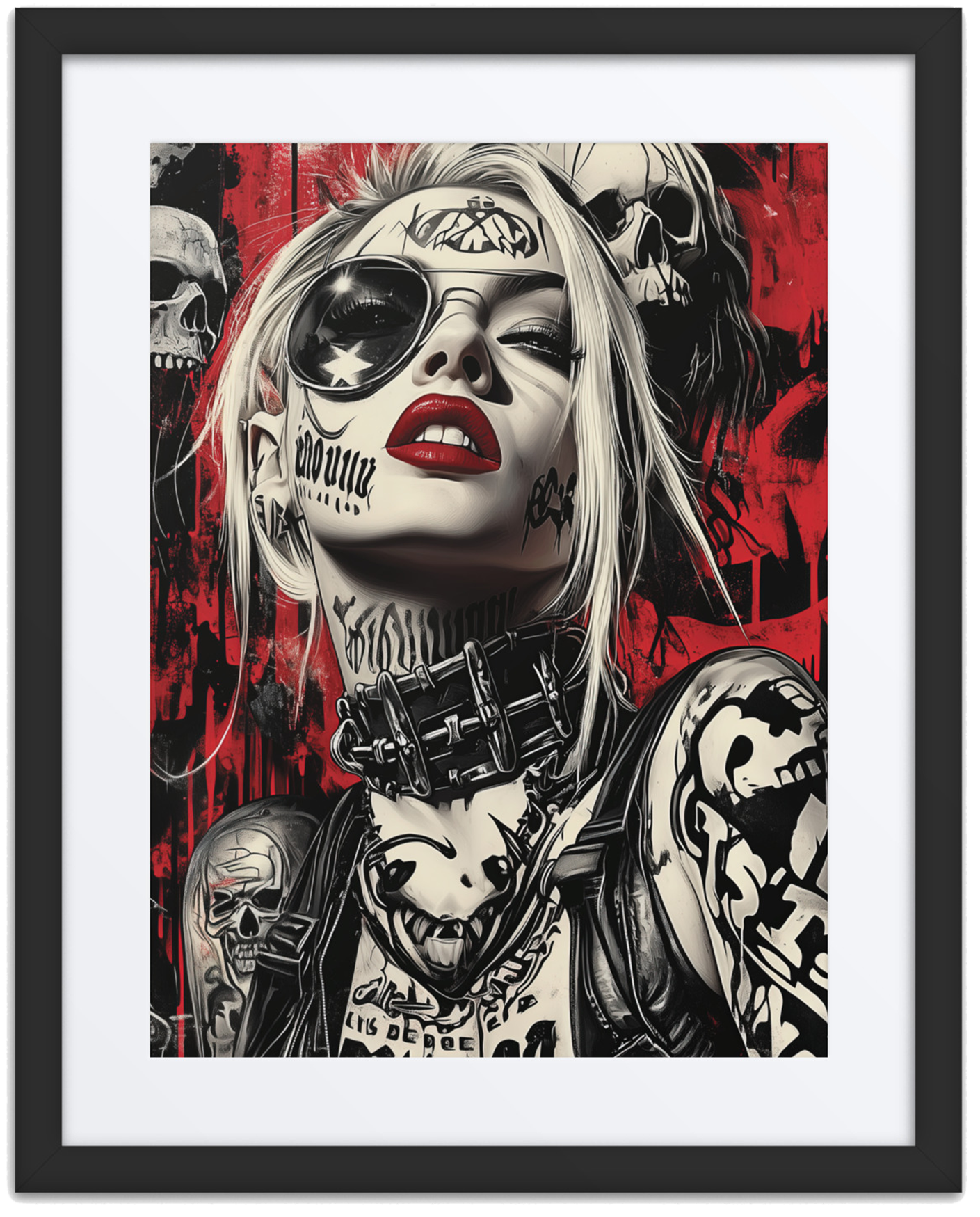 Fierce rebellious woman with platinum blonde hair, bold tattoos, skulls, and chains against a red and black graffiti-inspired background.