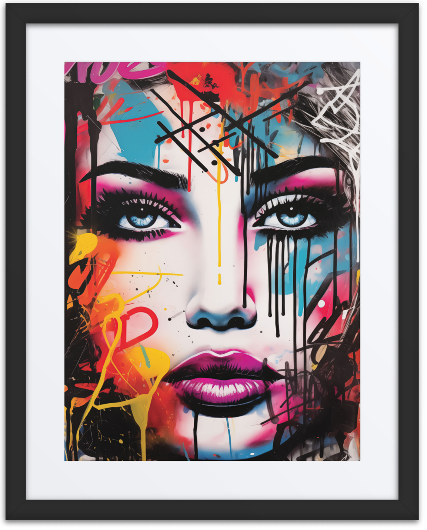Colorful graffiti face art with piercing blue eyes in black frame – UrbanNeon Collection street art aesthetic