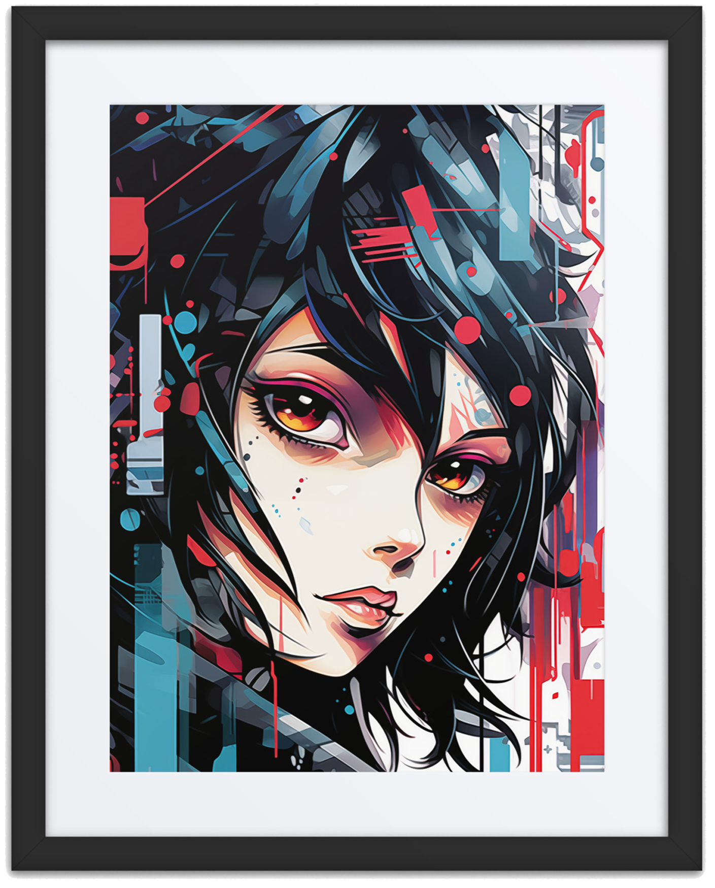 Anime-inspired female character with intense eyes, layered abstract color blocks, and a futuristic glitch art style