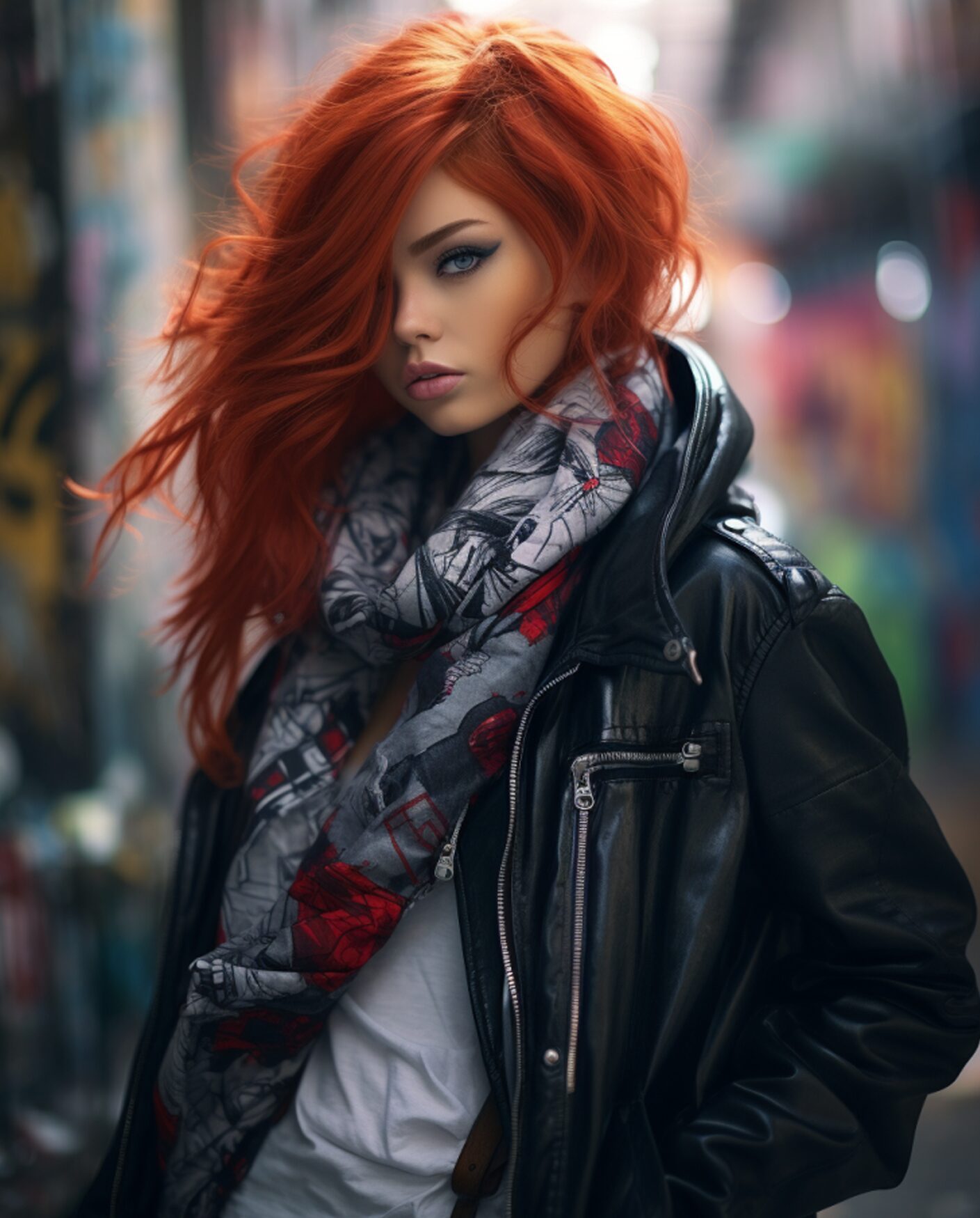 Anime-inspired model with vibrant red hair and graphic scarf against an urban graffiti backdrop – Anime Allure silk scarf style