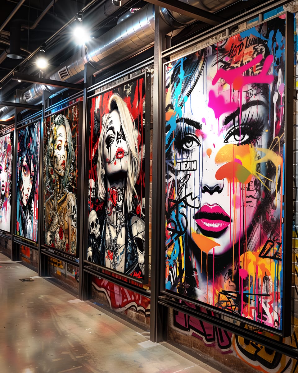 A vibrant urban art collection displayed in a gallery, featuring graffiti-inspired portraits with bold colors and expressive brushwork.