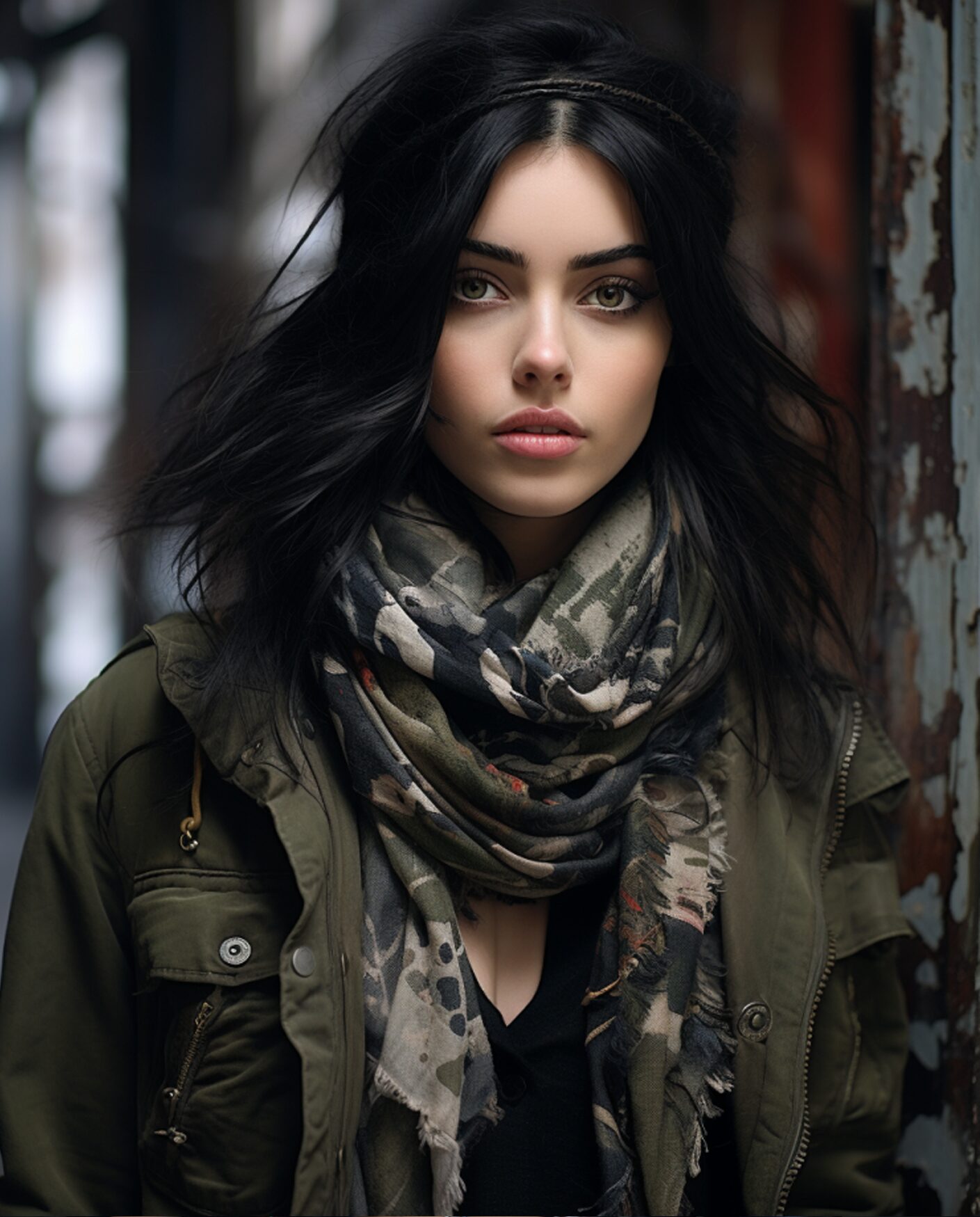 Stylish woman in camo scarf and army green military jacket – Camo Couture silk scarf aesthetic