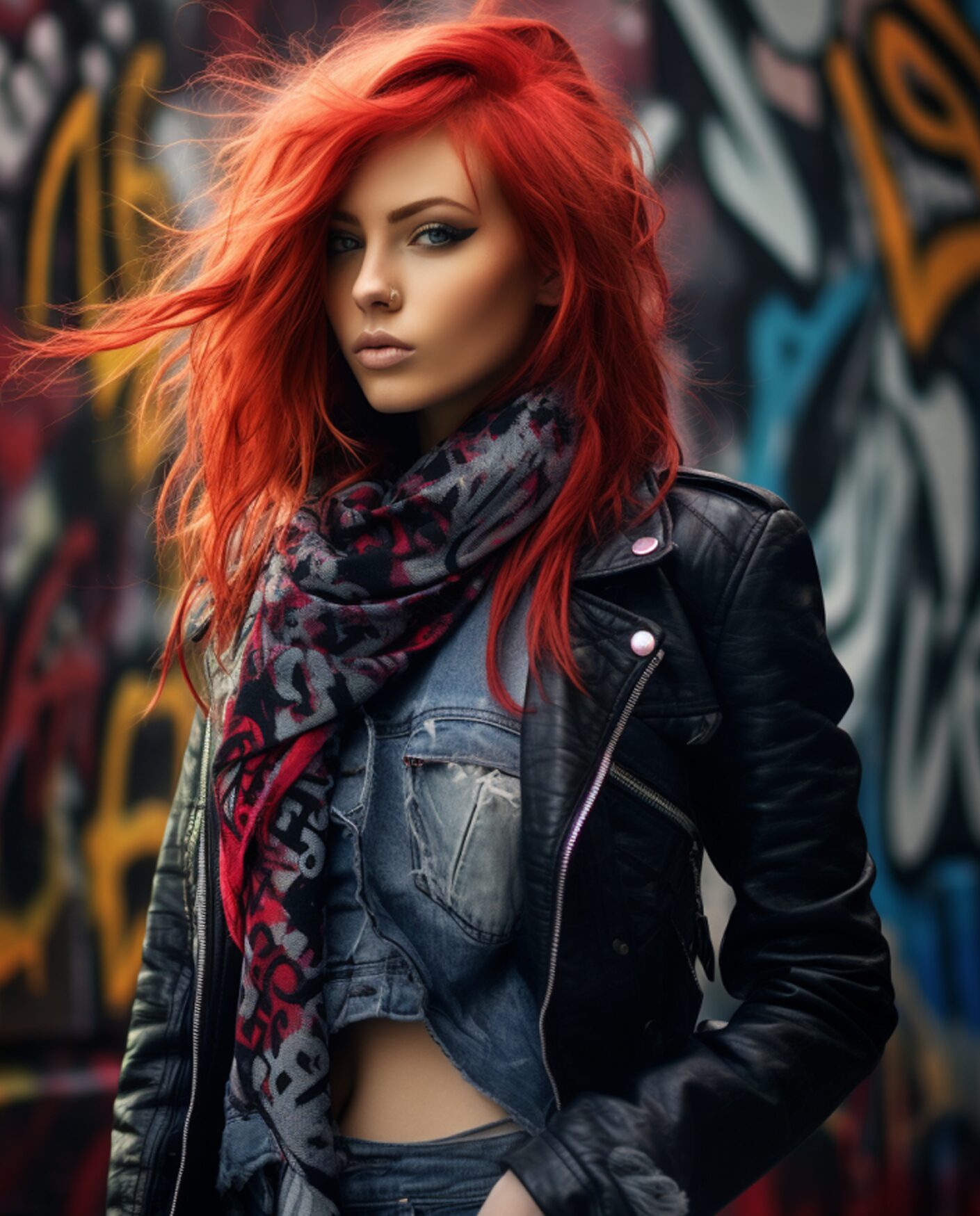 Woman in streetwear scarf with graffiti lettering, denim bandeau top, and leather jacket – Graffiti Glamour scarf editorial