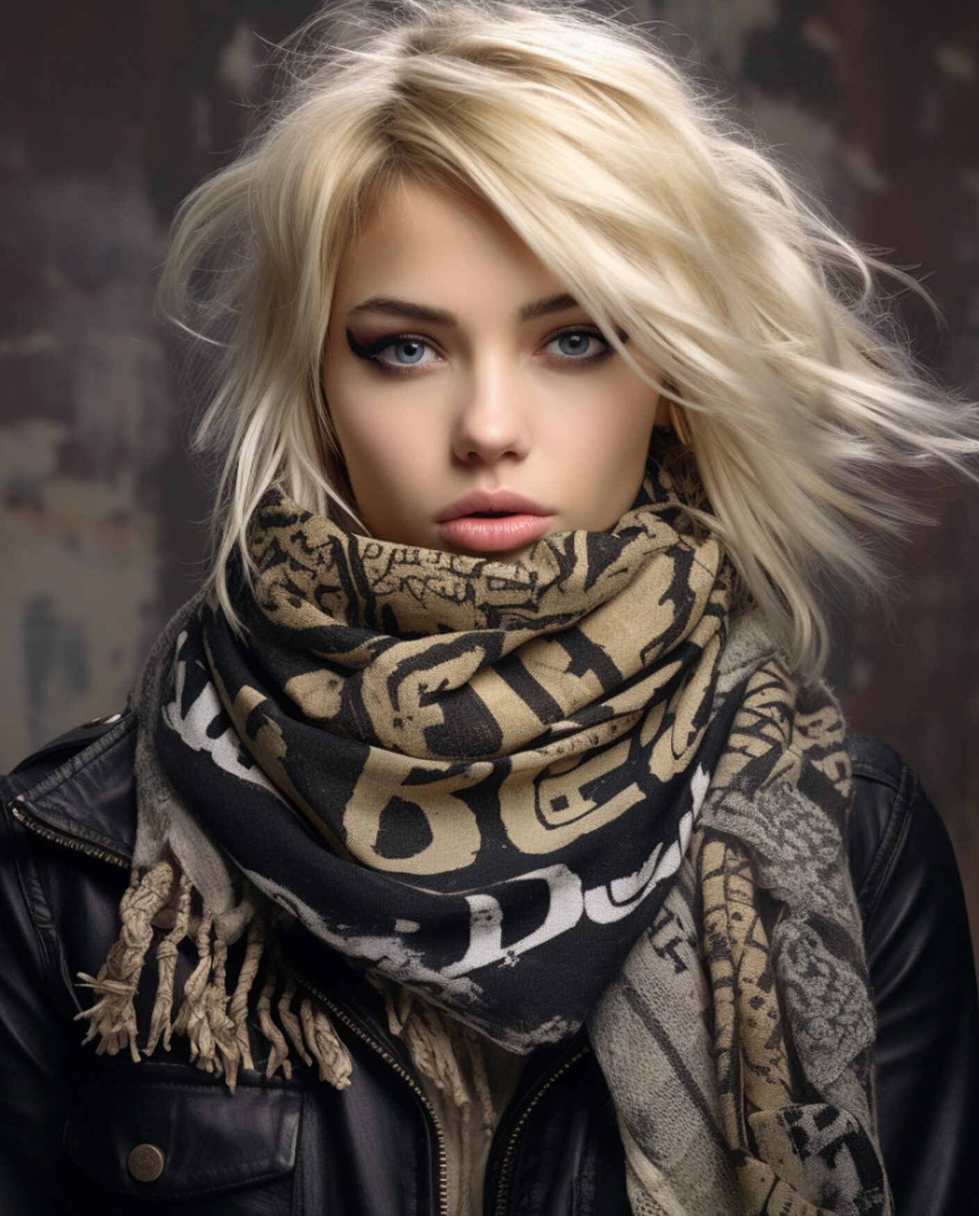 Blonde woman in a romantic urban look with graphic scarf and leather jacket — Love Letters silk scarf aesthetic