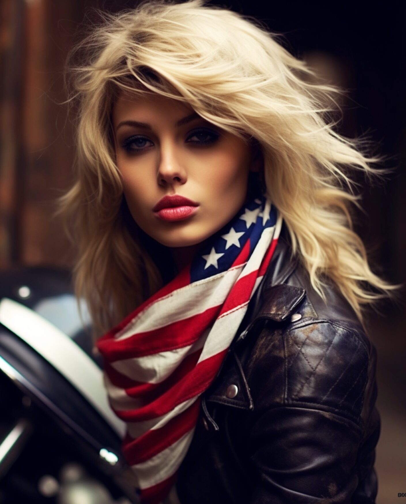 Edgy woman with voluminous black hair, leather jacket, and printed scarf in front of urban graffiti wall.