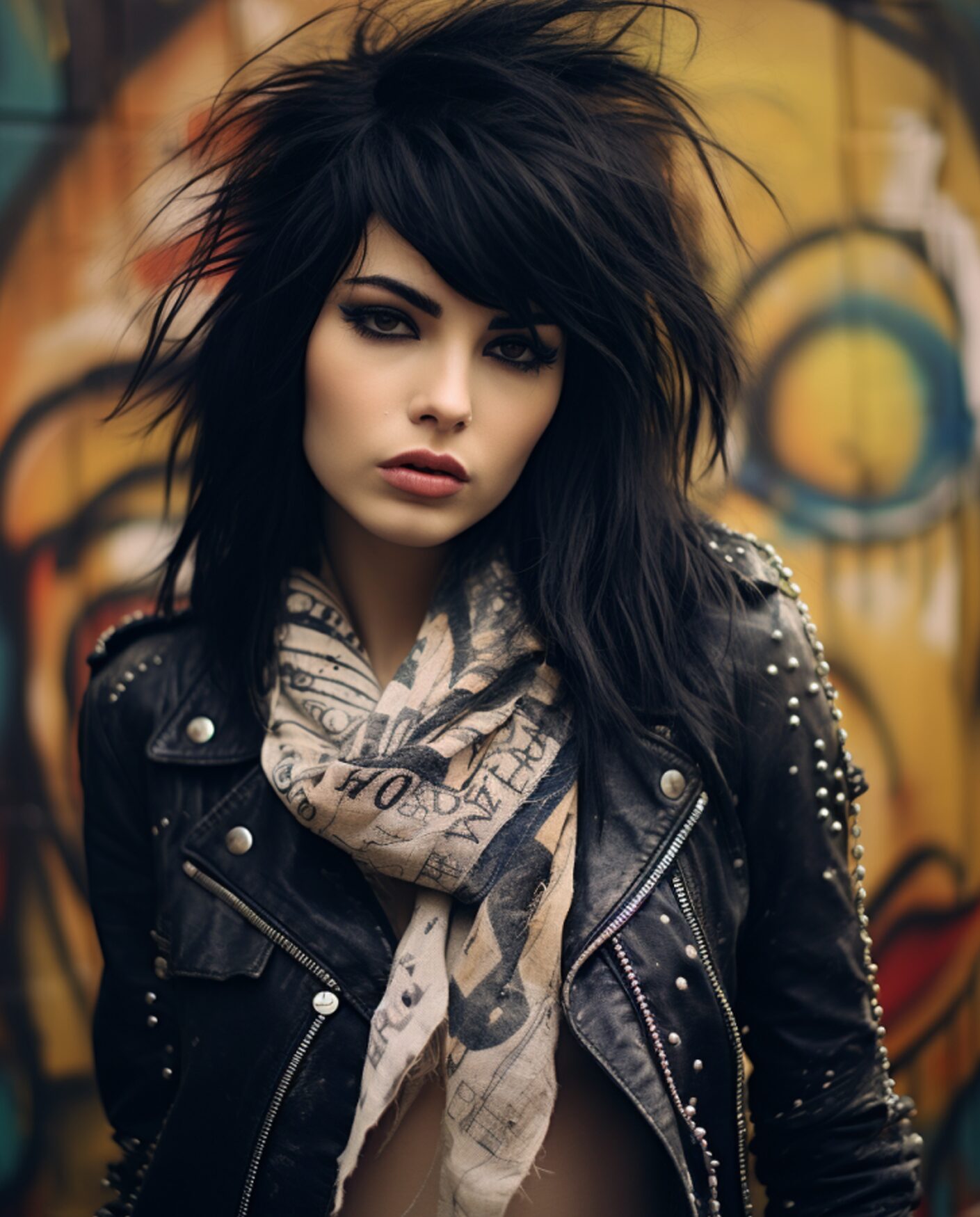 Edgy woman in punk fashion with black spiked hair and graffiti wall background – Rock n Rogue silk scarf aesthetic