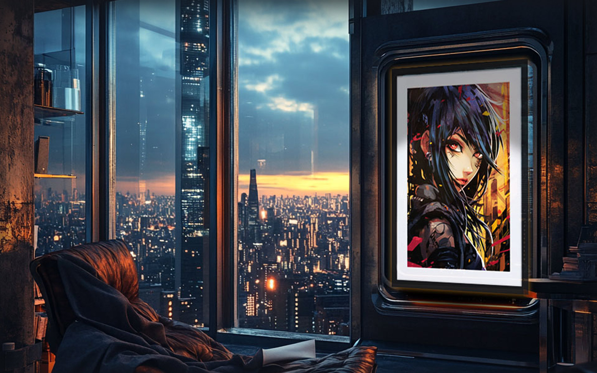 A mysterious anime character with piercing eyes, blending into the neon-lit skyline of a futuristic city. The art is framed within a high-rise loft, capturing the essence of urban solitude and strength.