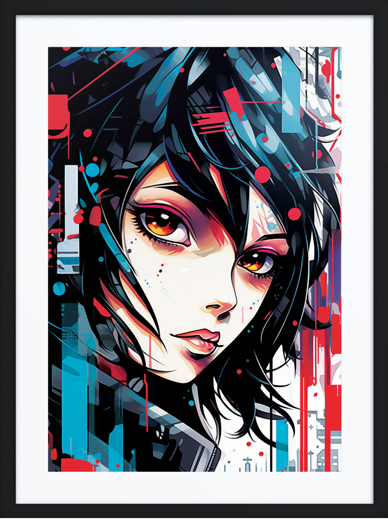 Framed Veil Of Fragments artwork from the Anime Collection, featuring a striking female character with intense eyes, layered digital abstraction, and cyber-inspired color splashes.