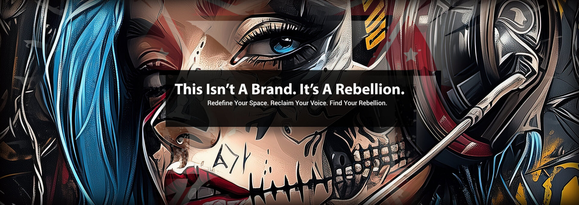 Female figure with vibrant blue hair, cybernetic tattoos, and futuristic headgear, posed against a graffiti-inspired backdrop