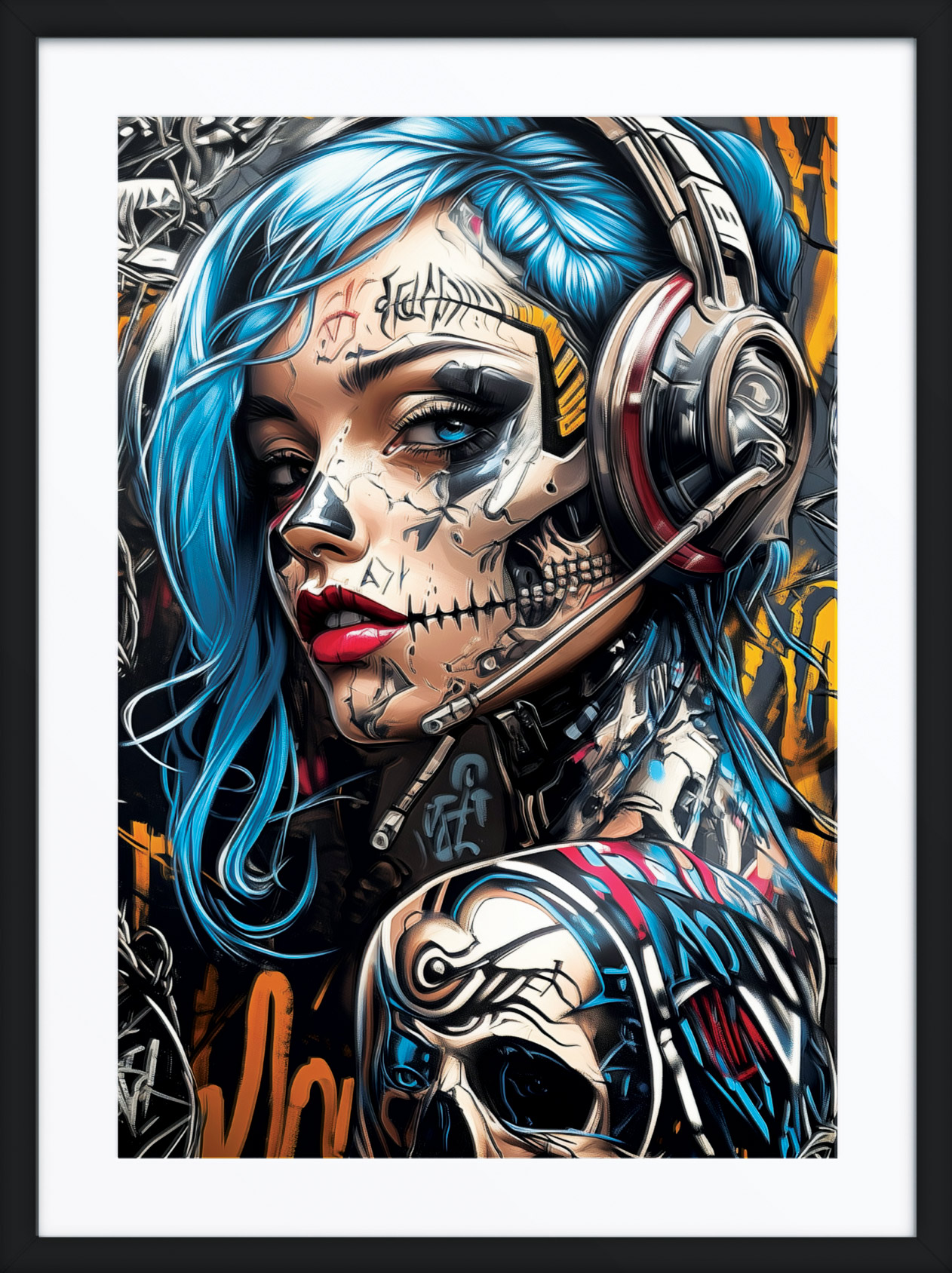 Framed BlueCipher artwork from the Cyberpunk Collection displayed in an industrial loft with raw urban textures, vintage lighting, and a cityscape backdrop.